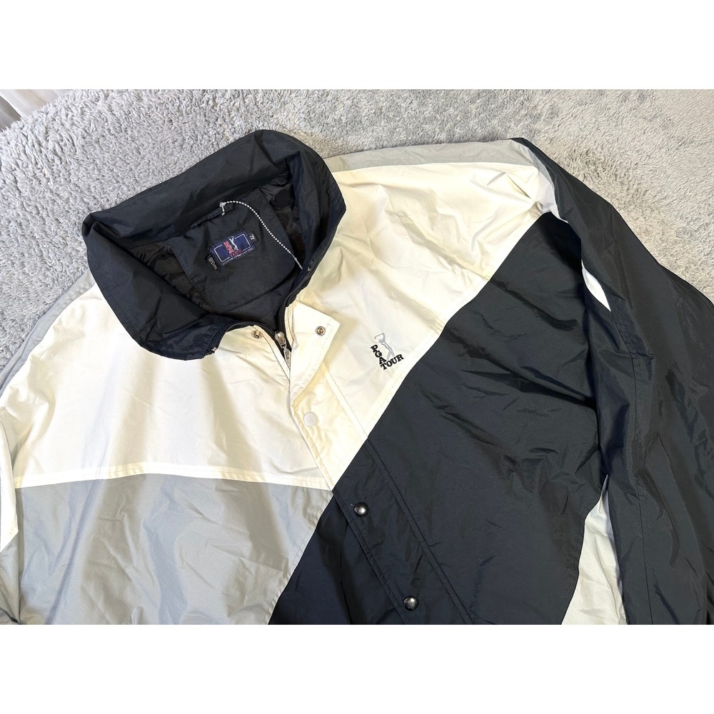 90s PGA Tour colorblock Mens XL Windbreaker golf jacket black gray vintage cream